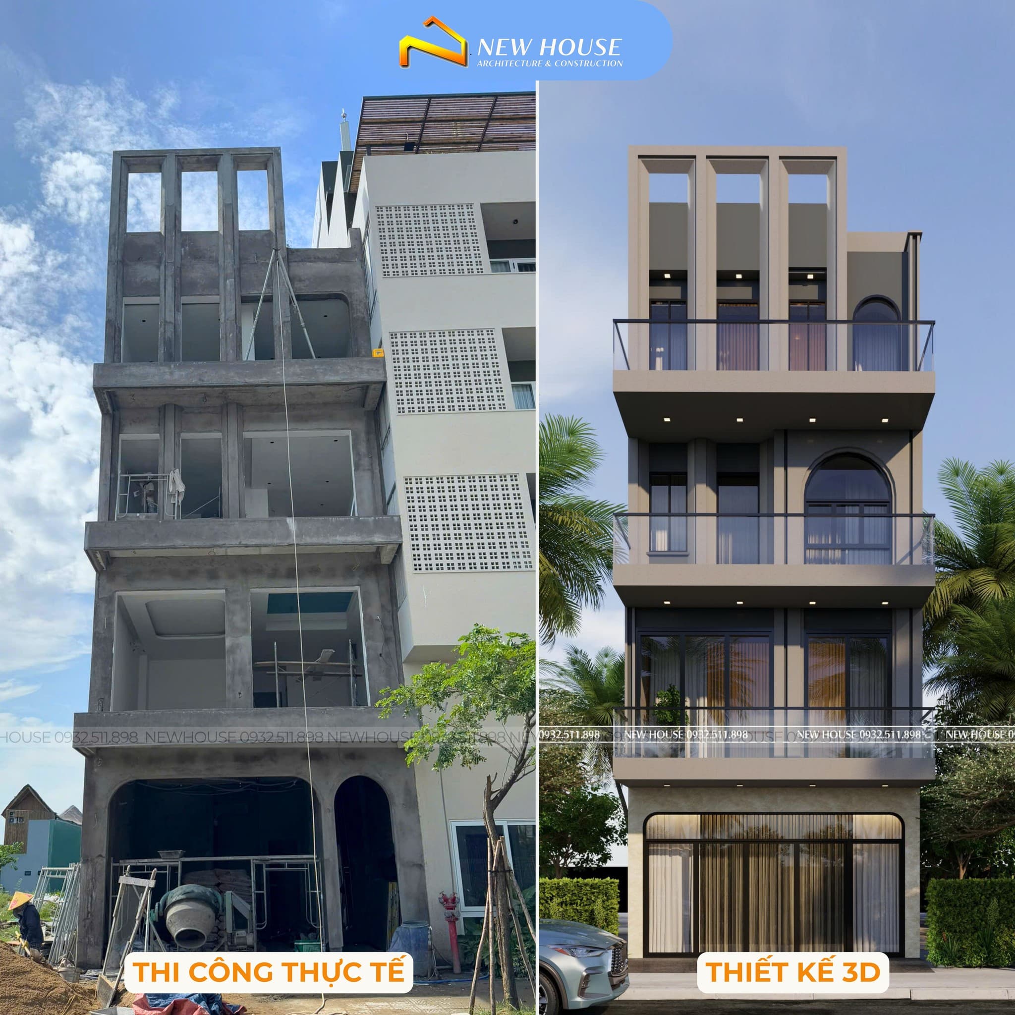 Hình ảnh dự án Thi Công Thực Tế vs Thiết Kế 3D – Nhà Phố 4 Tầng Hiện Đại